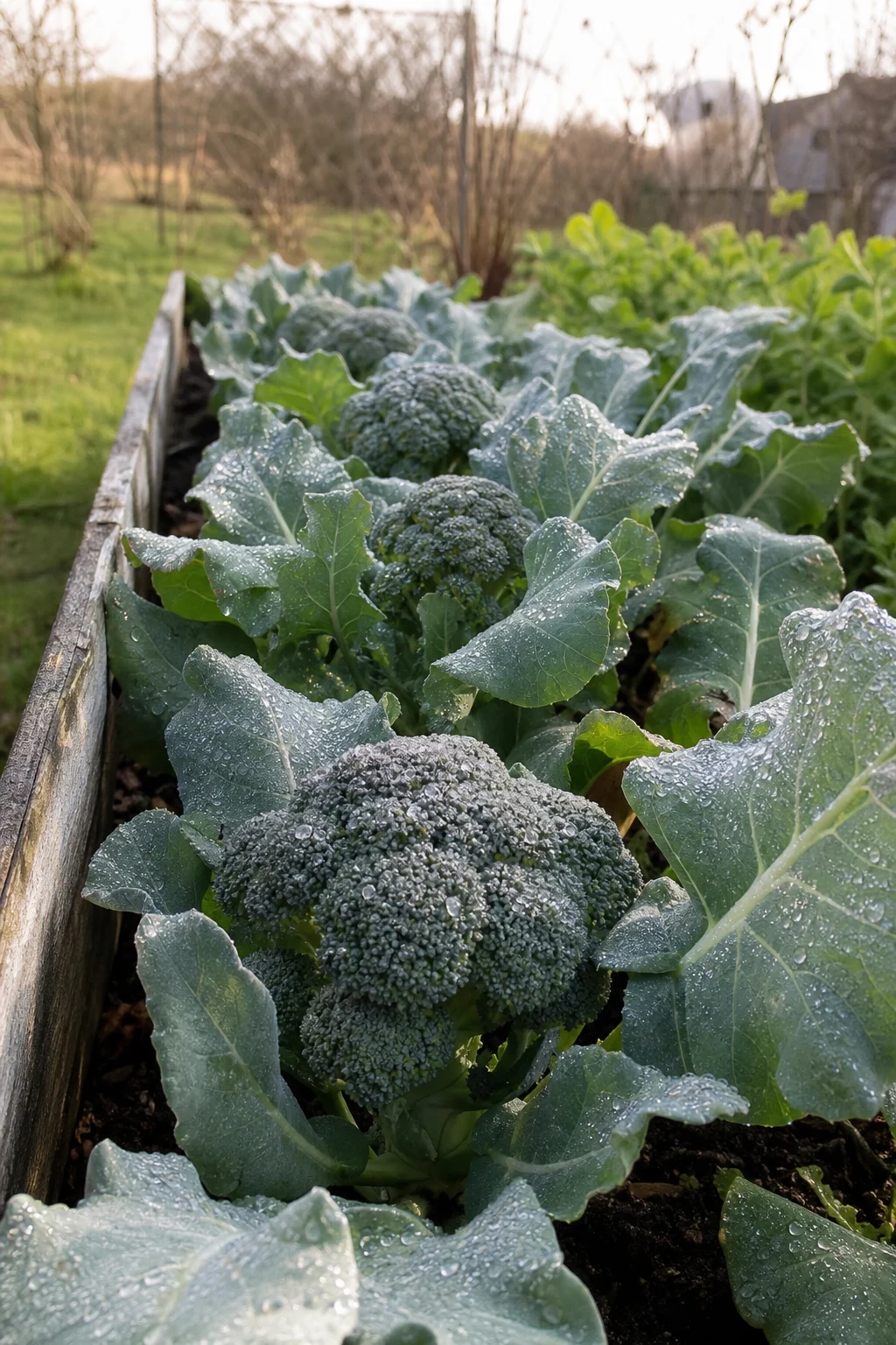 Reihe kompakter erntereifer Brokkoliköpfe in einem deutschen Gemüsegarten in kühler Lage, die Blätter sind mit Morgentau benetzt.