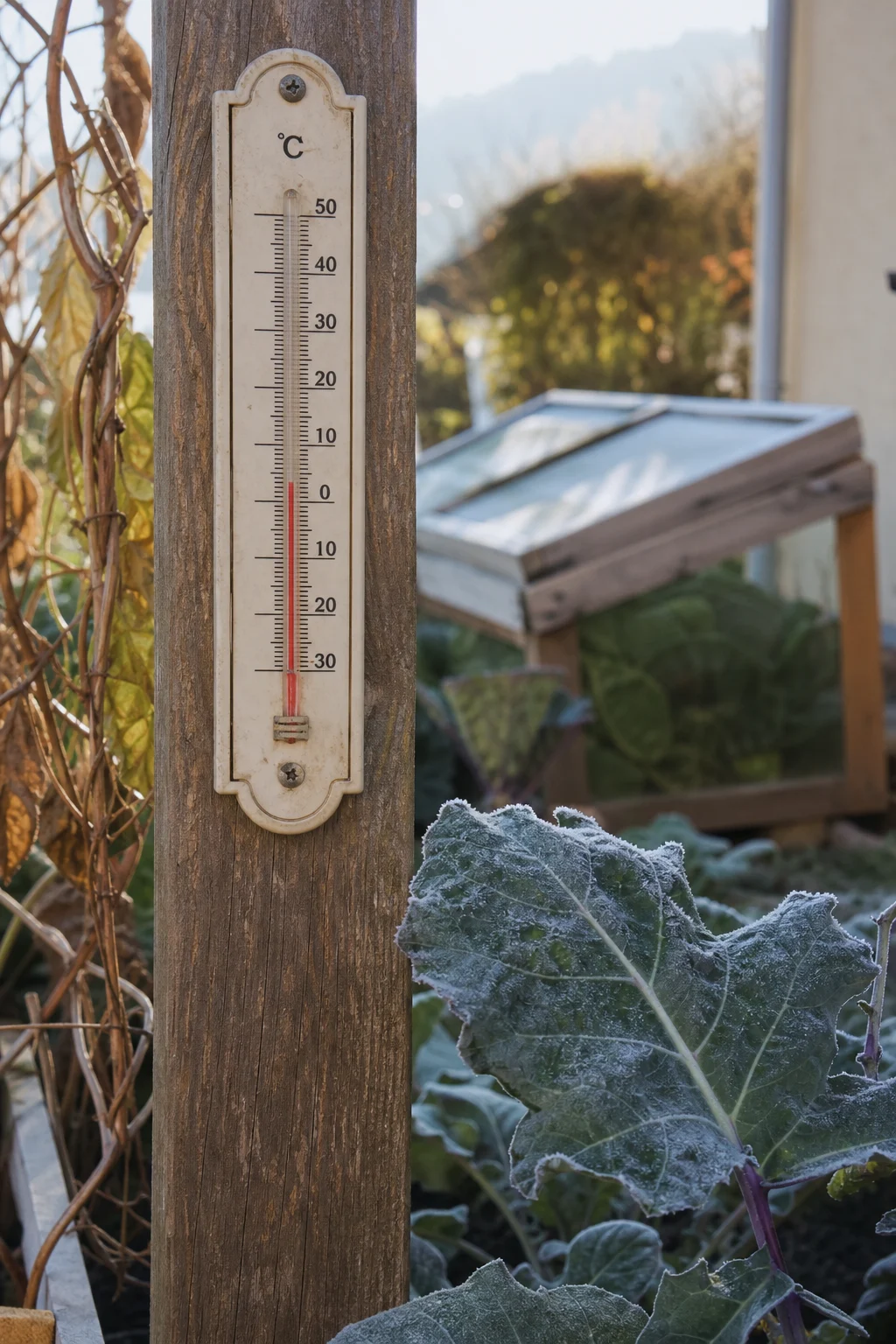 Thermometer auf einem Holzpfosten in einem kühlen Höhengarten, im Vordergrund liegt noch Raureif auf einem Kohlrabiblatt, im Hintergrund ein hölzernes Frühbeet.