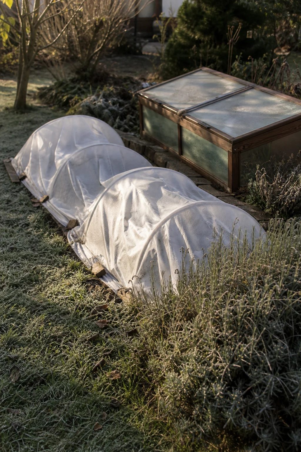 Gemüsebeet mit über Drahtbügel gespanntem weißem Gartenvlies, daneben ein hölzernes Frühbeet, auf dem umliegenden Rasen liegt noch Raureif.