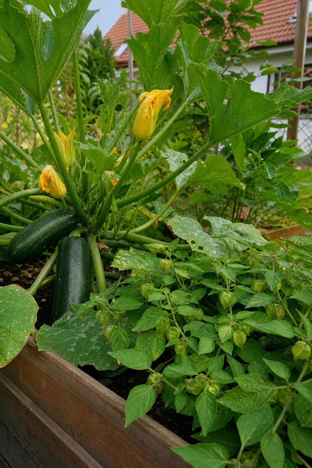 Tragende Zucchinipflanze mit zwei reifenden Früchten und gelben Blüten, daneben eine kompakte Andenbeere im Hochbeet eines deutschen Gartens in kühler Lage.