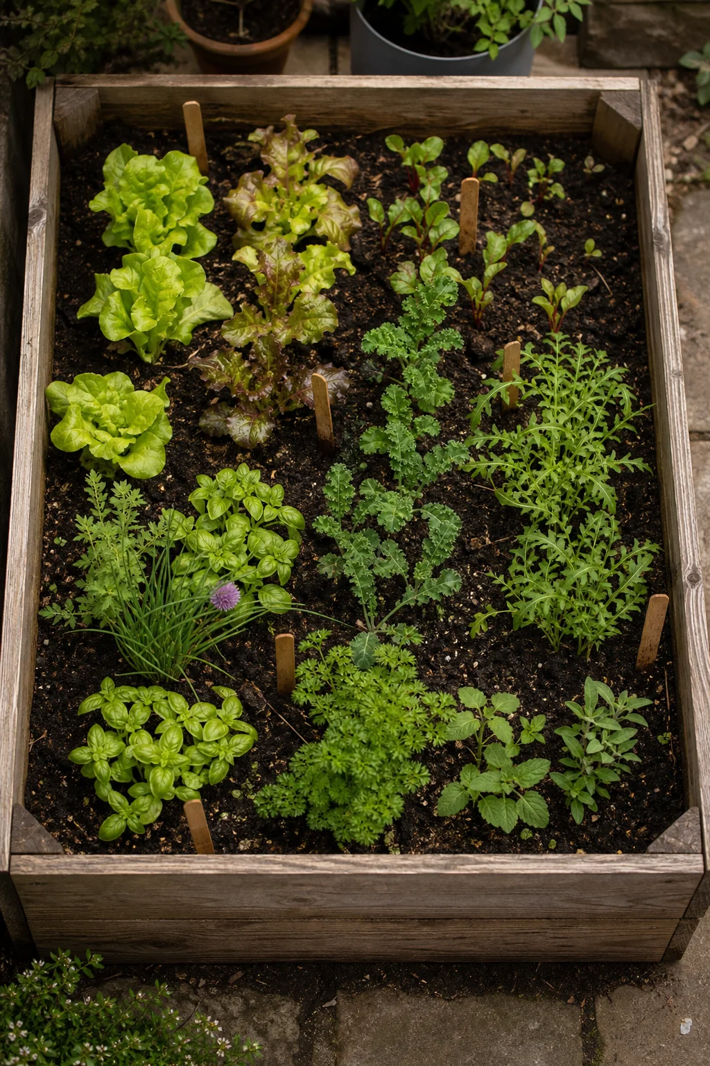 Hochbeet von oben in Sektionen mit Pflücksalat, Mangold, jungem Grünkohl, Kräutern und Rucola, kleine Holzschilder beschriften jede Reihe.