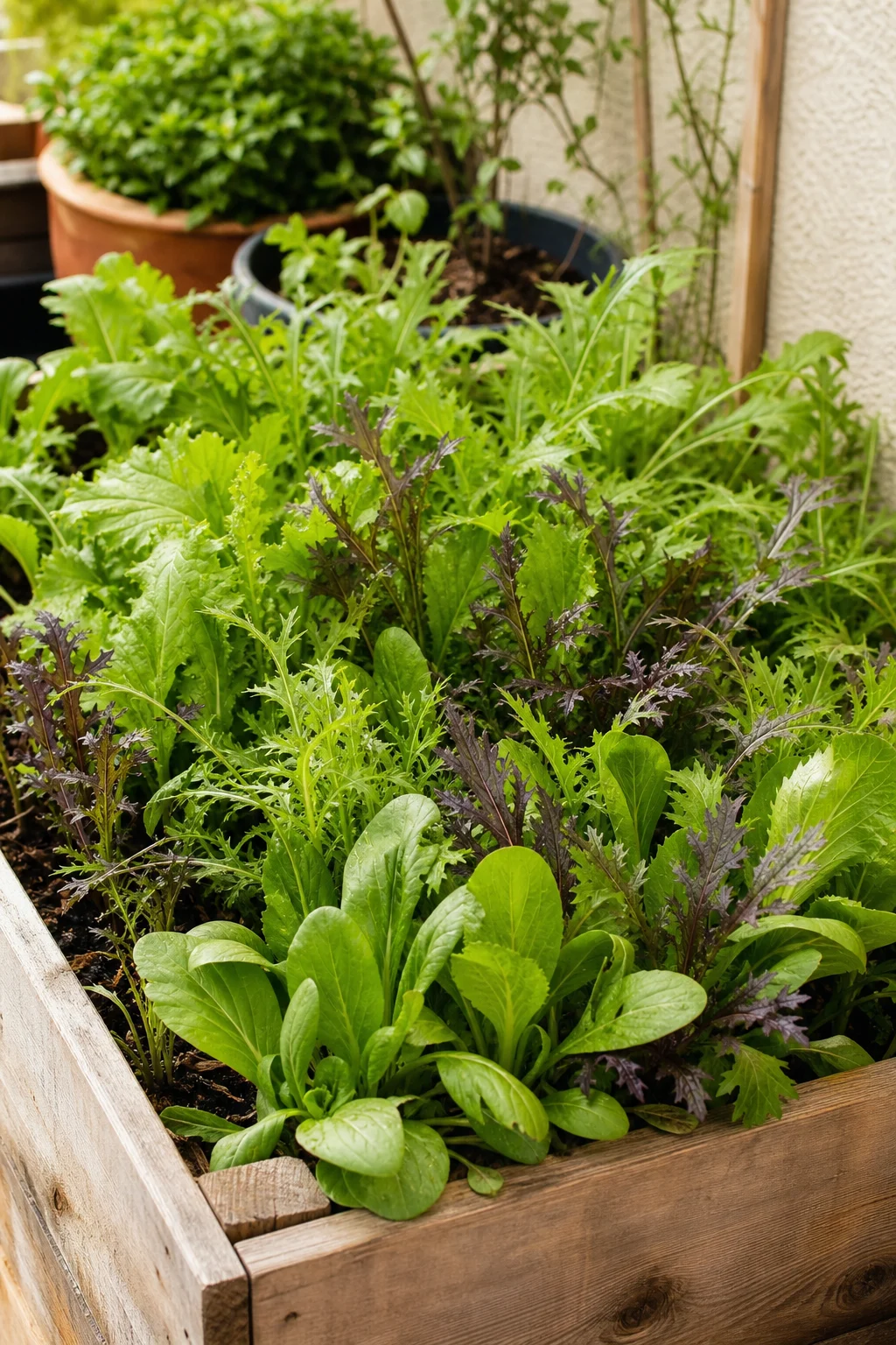 Hochbeet mit dichter Mischung aus Mizuna, Senfblättern, Pak Choi und rotem Senfkohl, erntereife Schnitt-und-komm-wieder-Mischung.
