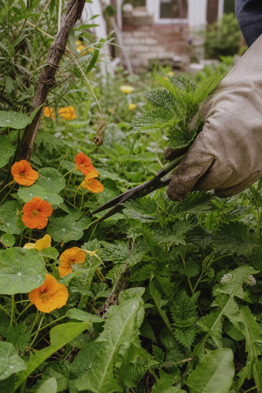Wilde Garten-Ecke mit jungen Brennnessel-Trieben, Löwenzahnblättern und Kapuzinerkresse, eine behandschuhte Hand schneidet Brennnessel-Spitzen ab.