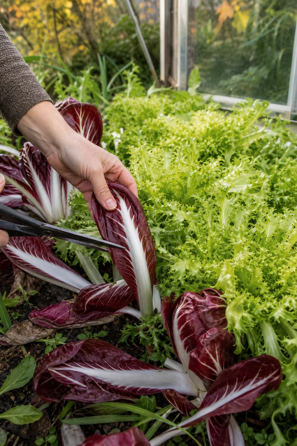 Radicchio Treviso und krause Endivie nebeneinander im Herbstbeet mit tief roten und hellgrünen Rosetten, eine Hand schneidet ein Außenblatt ab.