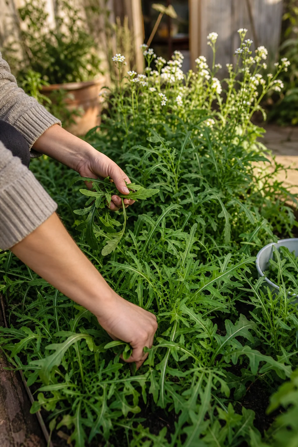 Dichtes Rucola-Beet mit tief gelappten Blättern in der Sonne, im Hintergrund einige schießende Pflanzen mit weißen Blüten, eine Hand pflückt Außenblätter.