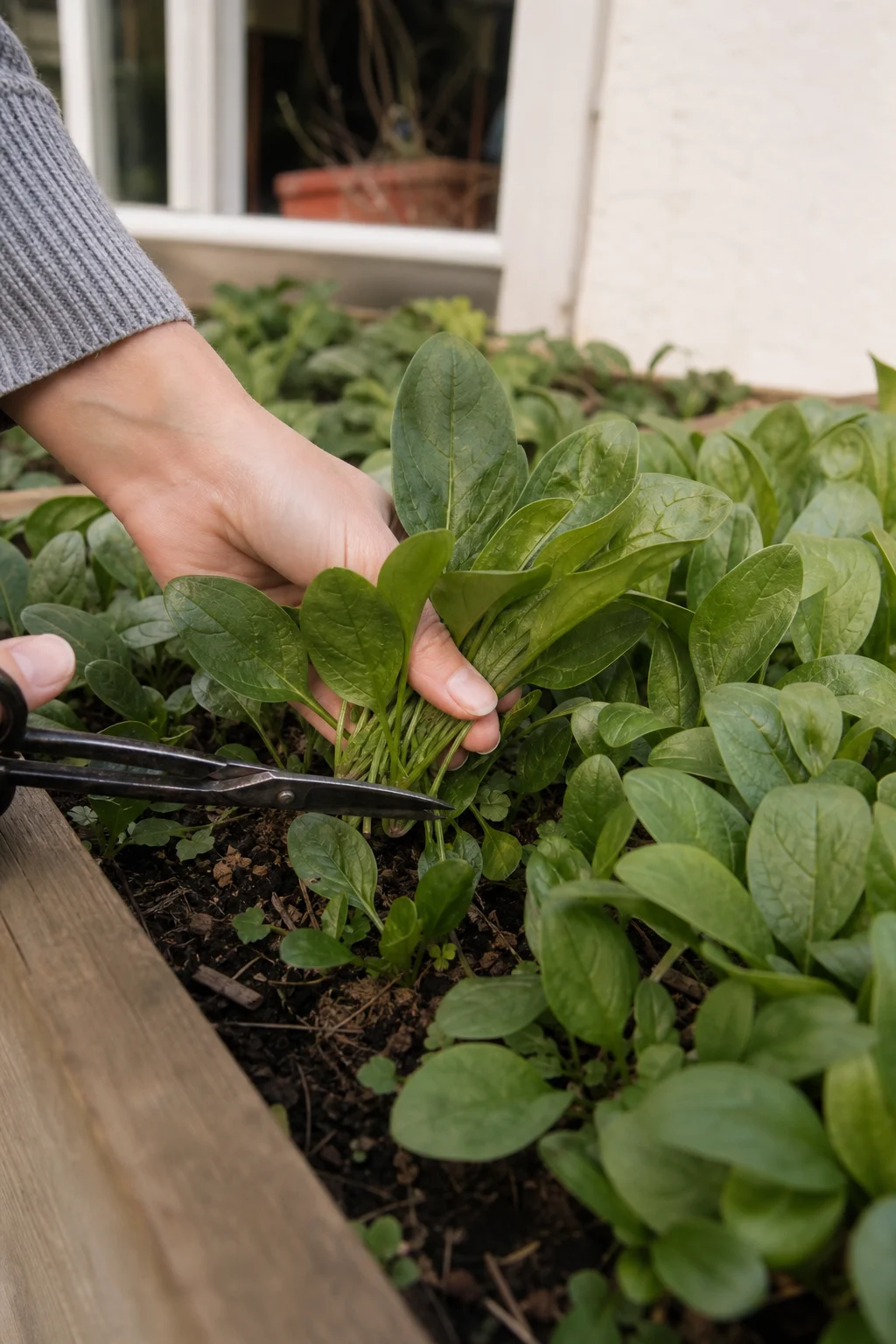Babyspinat im Hochbeet mit zarten erntereifen Blättern, eine Hand schneidet ein kleines Bündel etwa 5 cm über dem Boden ab.