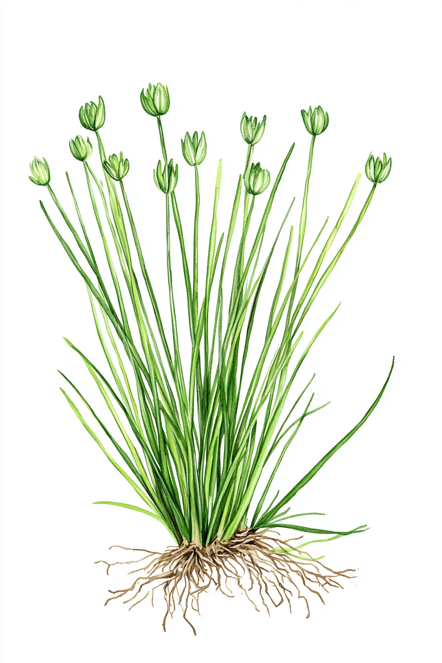 Illustration einer Schnittlauchpflanze mit Wurzeln und Blütenknospen.
