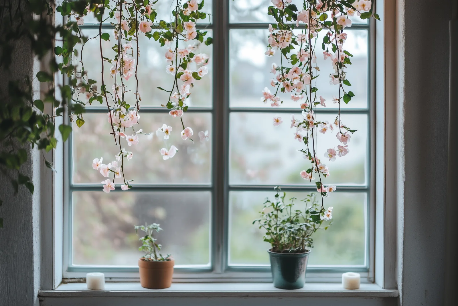 Fensterbank mit Pflanzen und Blumen dekoriert