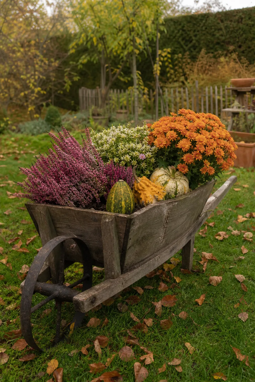 Alte Holzschubkarre bepflanzt mit Heide und Chrysanthemen, auf einer Wiese mit Herbstlaub
