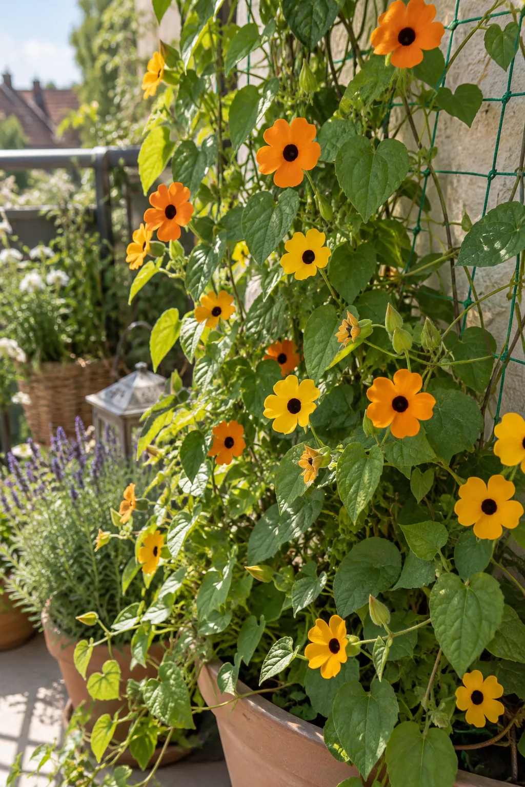 Schwarzäugige Susanne am Balkonnetz mit vielen orangen und gelben Blüten mit dunkelbraunem Auge