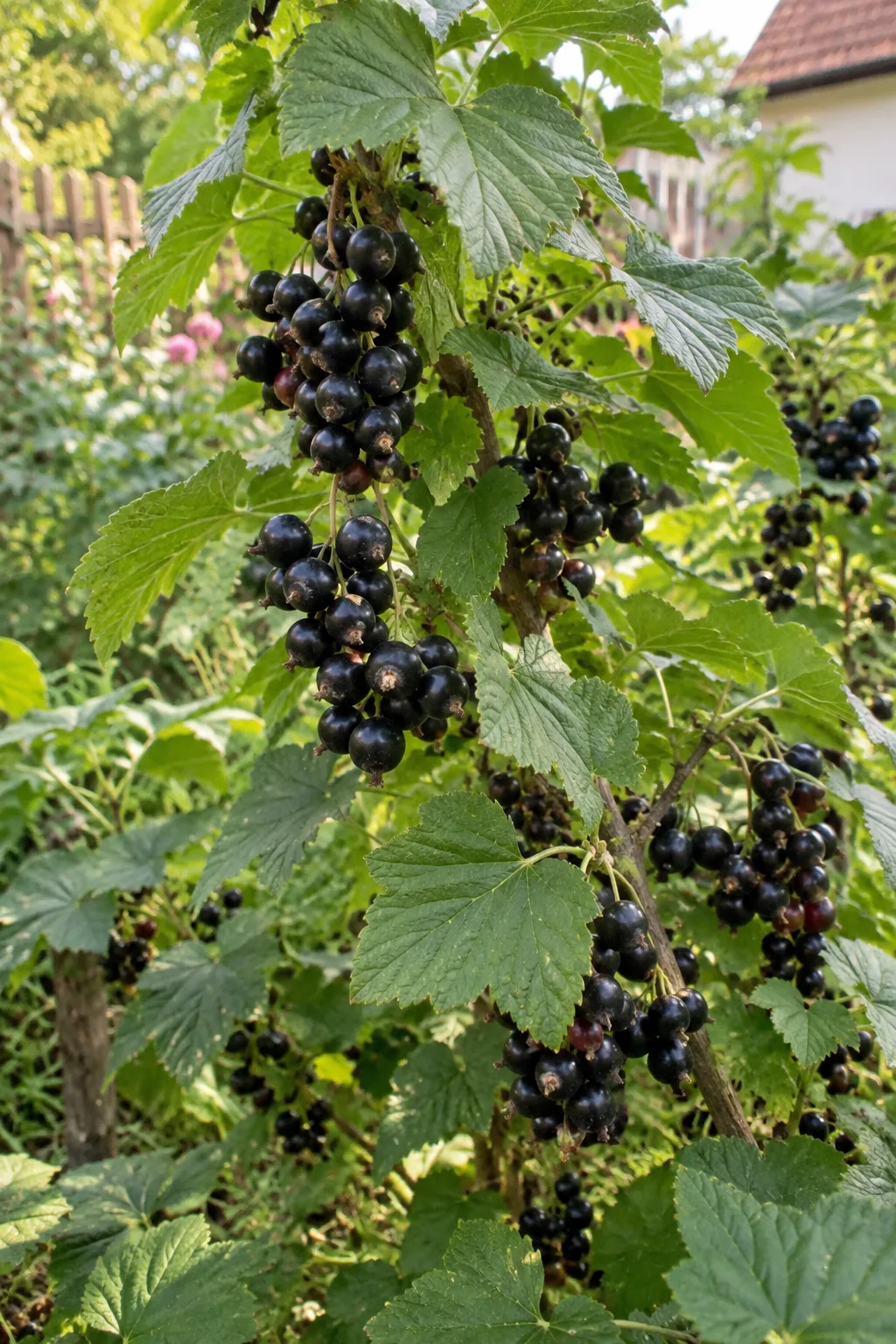 Schwarze Johannisbeere mit mittellangen Trauben mittelgroßer, glänzend schwarzer Beeren an einem kräftigen, breiten Strauch
