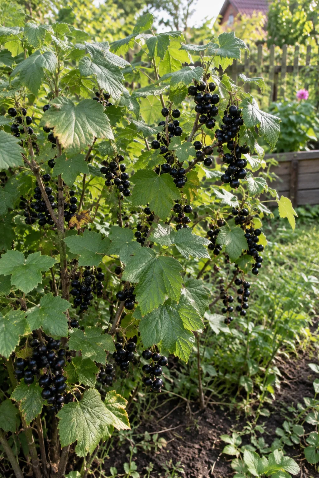 Breitbuschiger Strauch der Schwarzen Johannisbeere mit langen, locker besetzten Trauben glänzend schwarzer Beeren im Juli