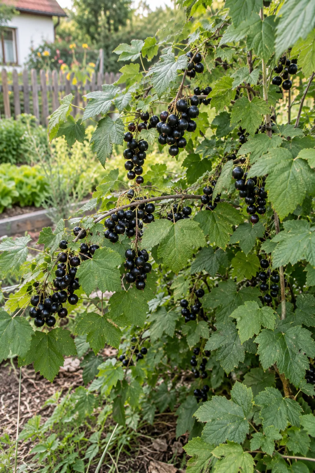Großer, breitbuschiger Strauch der Schwarzen Johannisbeere mit langen Seitentrieben und Trauben mittelgroßer bis großer schwarzer Beeren