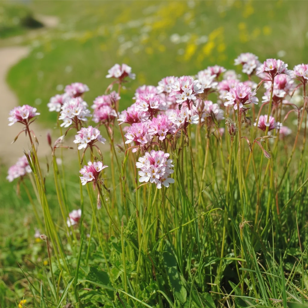 Rosa Blütenkugeln der Grasnelke über grasartigen Horsten