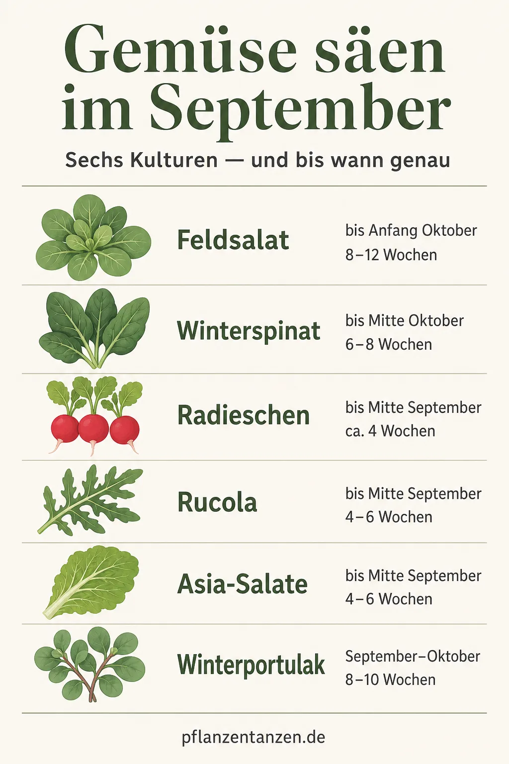 Übersicht der sechs Gemüsearten, die im September noch gesät werden können, mit Aussaattermin und Zeit bis zur Ernte