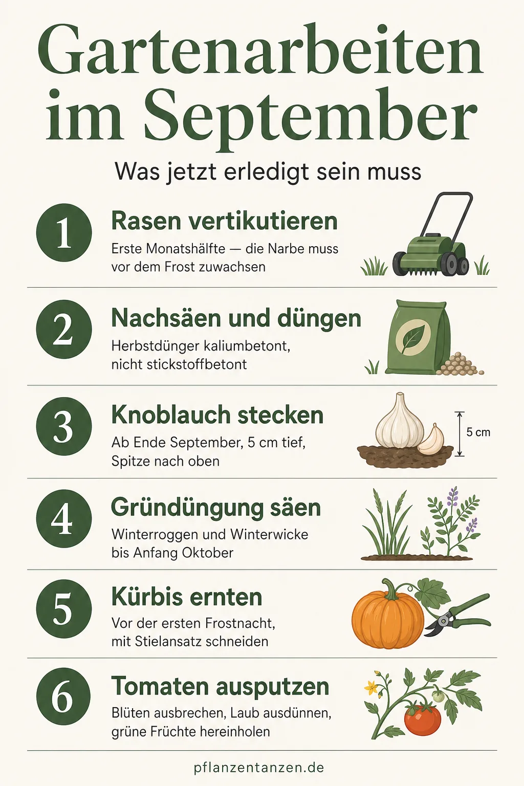 Sechs Gartenarbeiten für den September, jeweils mit dem passenden Zeitpunkt und dem wichtigsten Hinweis dazu
