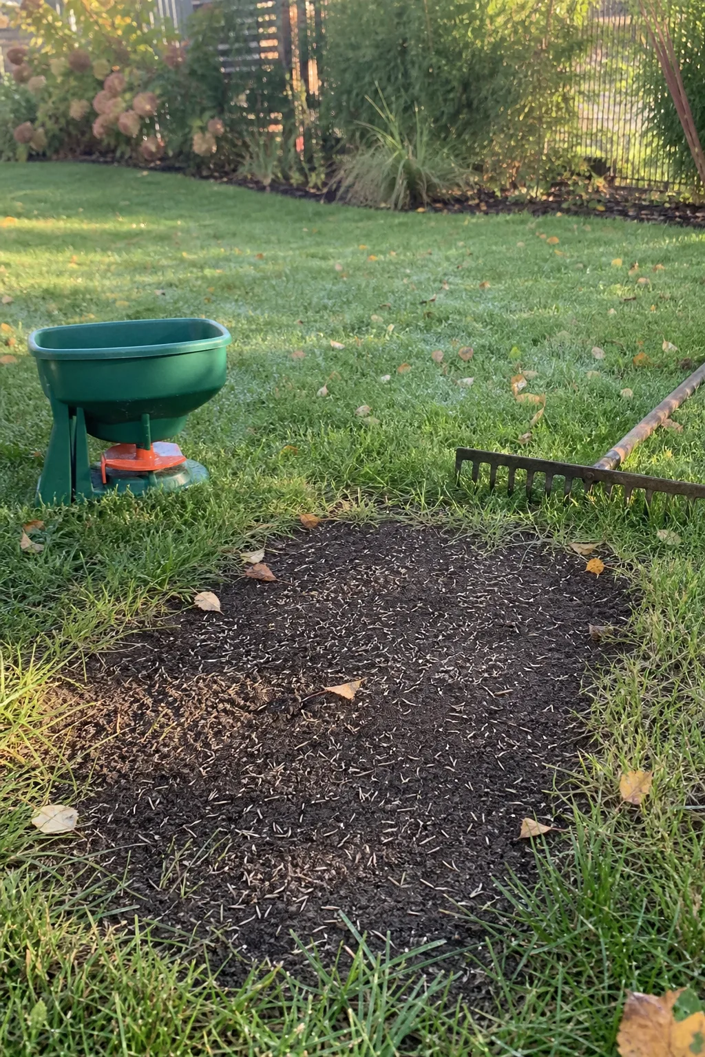 Kahle Stelle im Rasen mit sichtbar ausgestreuten Grassamen auf gelockerter Erde, daneben ein grüner Streuwagen und ein Rechen
