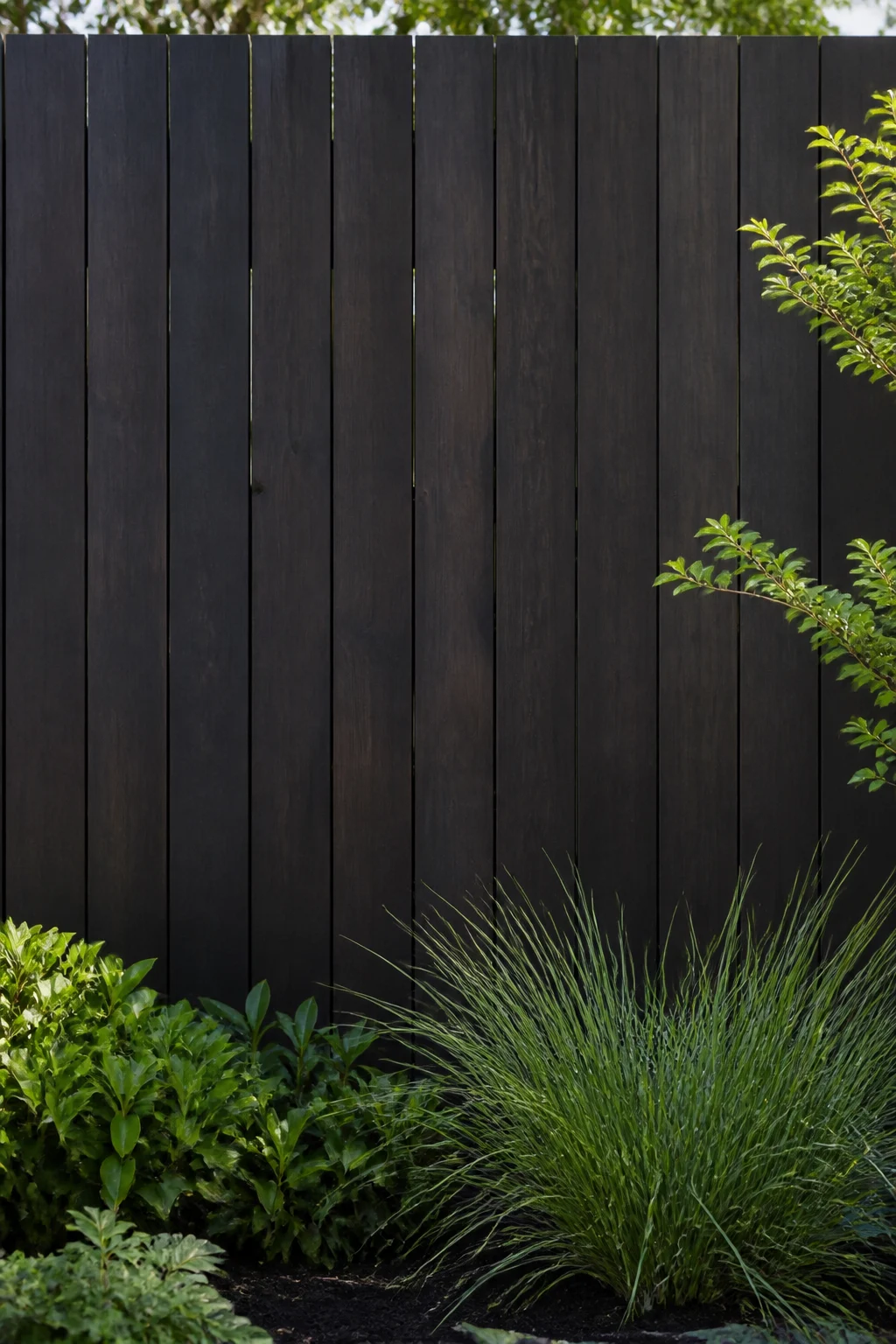 dunkle Sichtschutzwand aus Hartholz im Garten