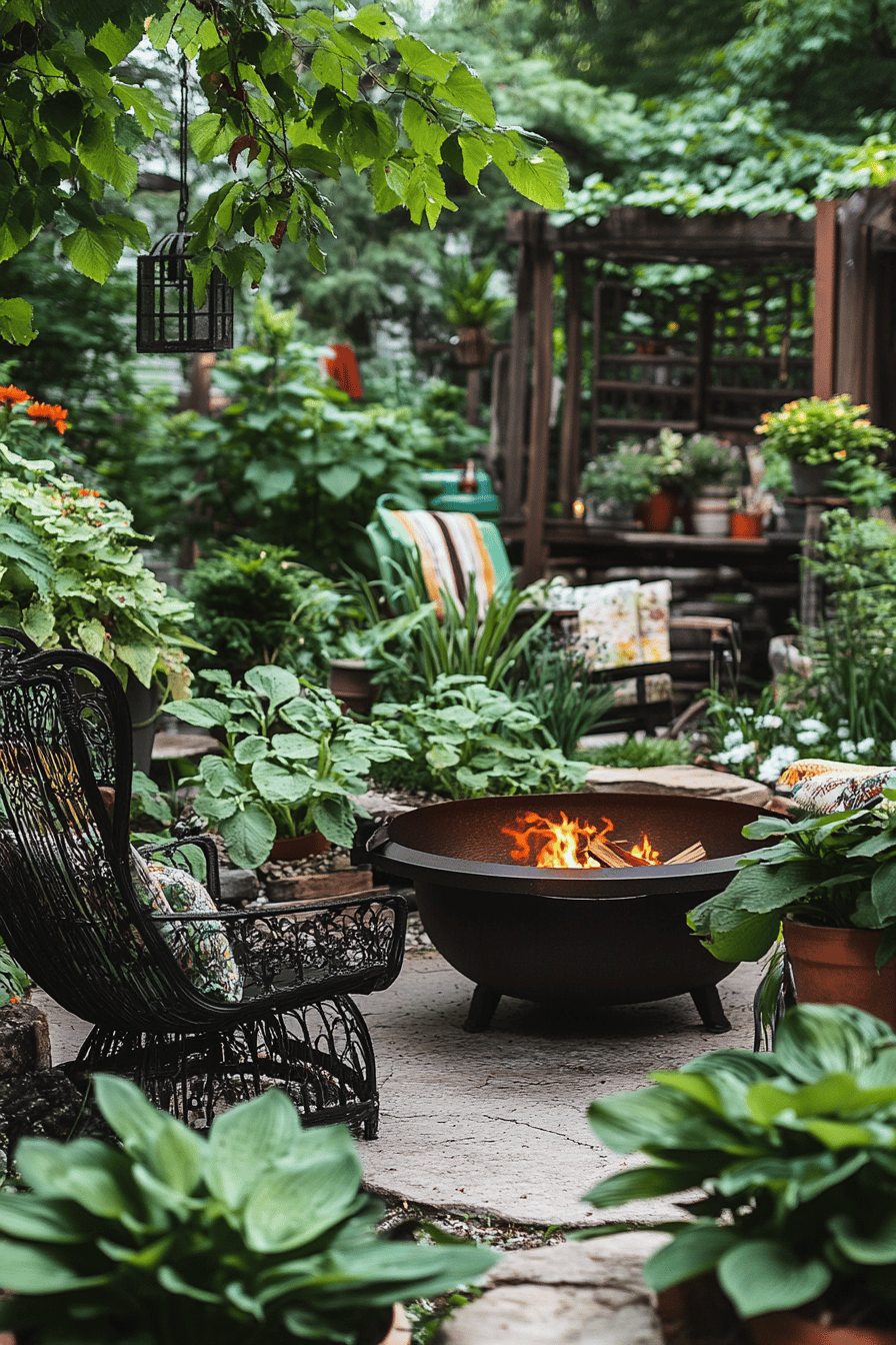 Sitzecke im Garten mit Feuerstelle und üppigen Pflanzen.