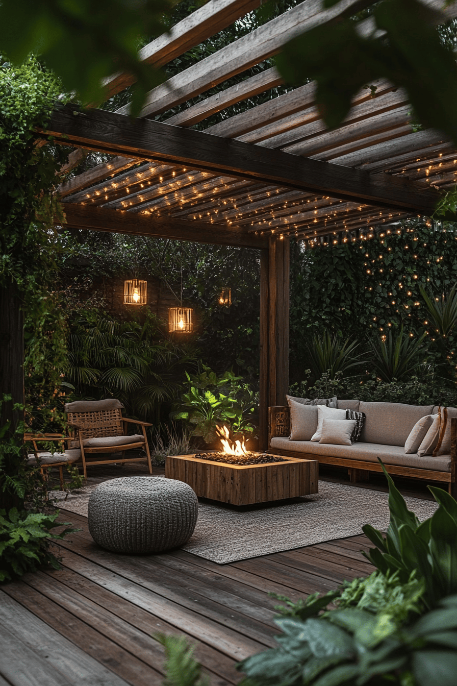 Eine Garten-Sitzecke mit Lichterkette, Holzdeck und Feuerstelle.