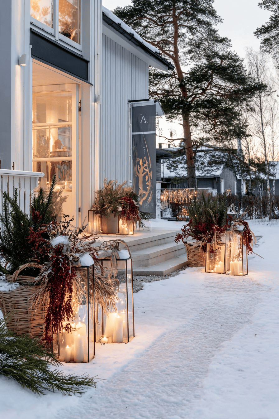 Solarlampen mit winterlicher Deko an verschneitem Hauseingang