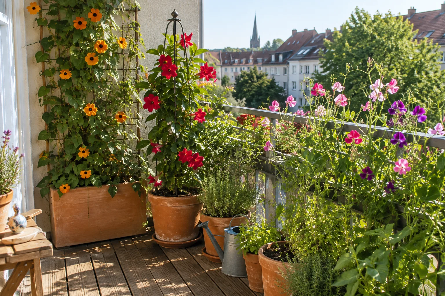Sonniger Balkon im Sommer mit Kübeln und Rankgitter, daran orange Schwarzäugige Susanne, rote Mandevilla und Duftwicken am Geländer