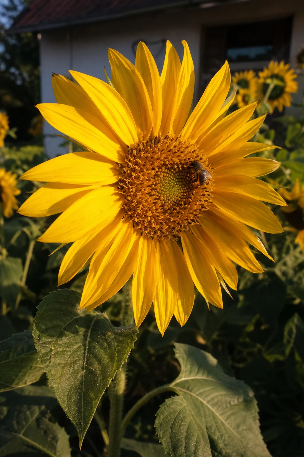 Großer Sonnenblumenkorb (Helianthus annuus) mit Honigbiene, unscharfes Sonnenblumenfeld dahinter im goldenen Abendlicht.