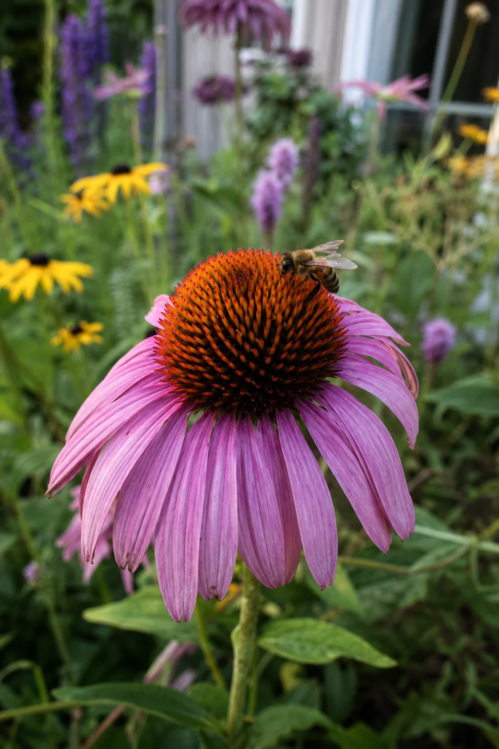 Detailaufnahme einer Purpur-Sonnenhutblüte (Echinacea purpurea) mit einer Honigbiene auf dem dunklen Mittelkegel.