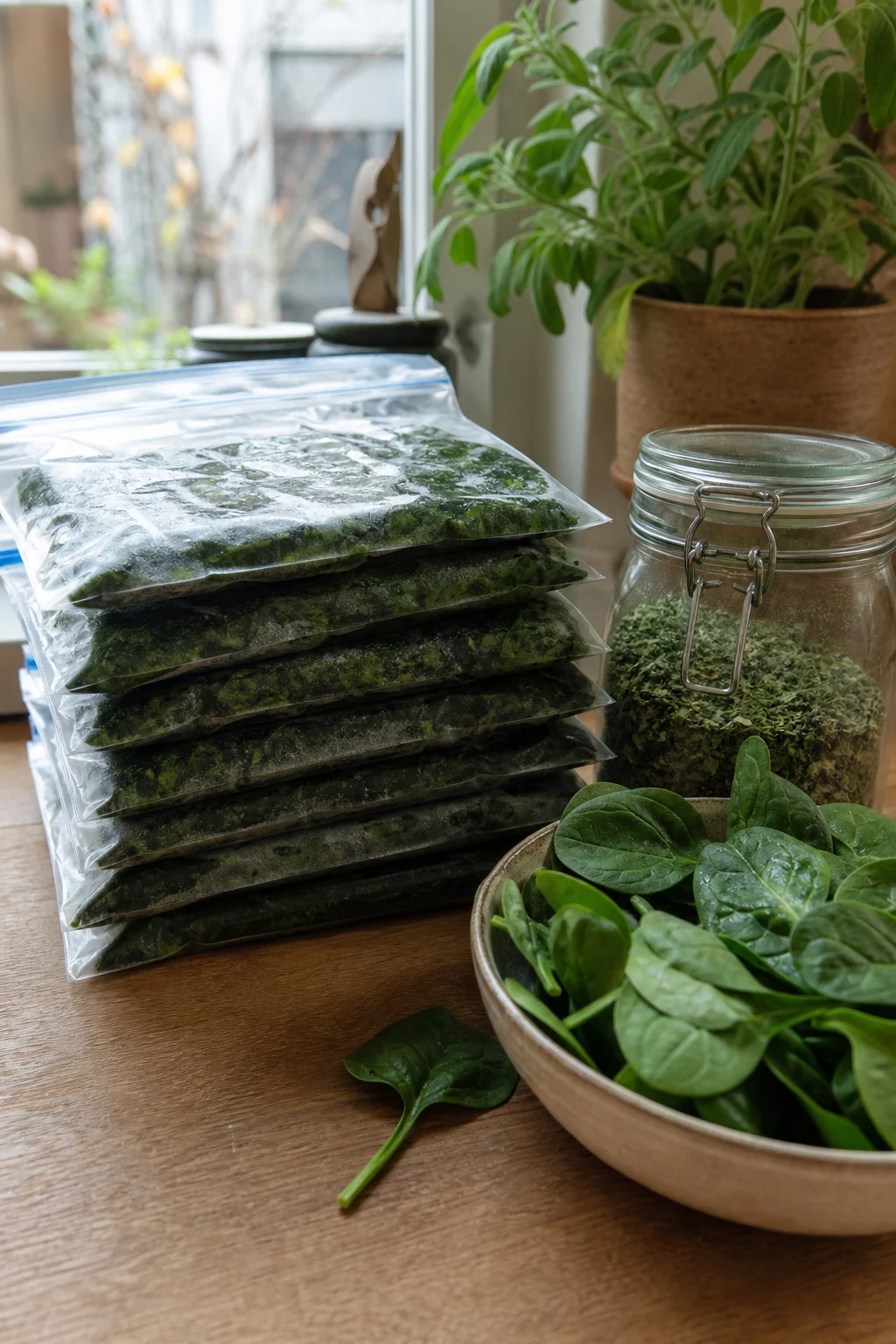 Stapel flacher Gefrierbeutel mit portionierten gekochten Spinatblättern auf einer Küchentheke, daneben ein Glas mit getrockneten Spinatflocken und eine Schale frischer Blätter.