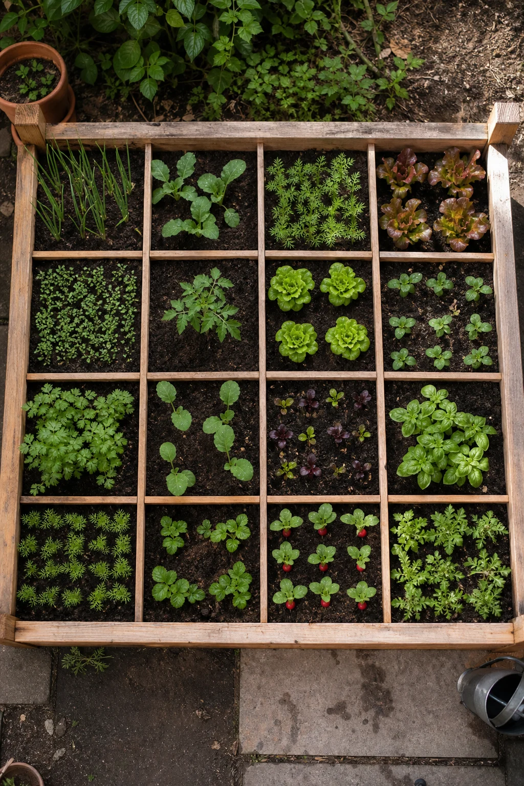 Hochbeet von oben fotografiert, alle 16 Quadrate zeigen unterschiedliche Pflanzdichten — ein Quadrat mit einer Tomate in der Mitte, eins mit vier Salaten im 2-mal-2-Muster, eins mit neun Radieschen im 3-mal-3-Muster, eins mit sechzehn Möhren im 4-mal-4-Muster.