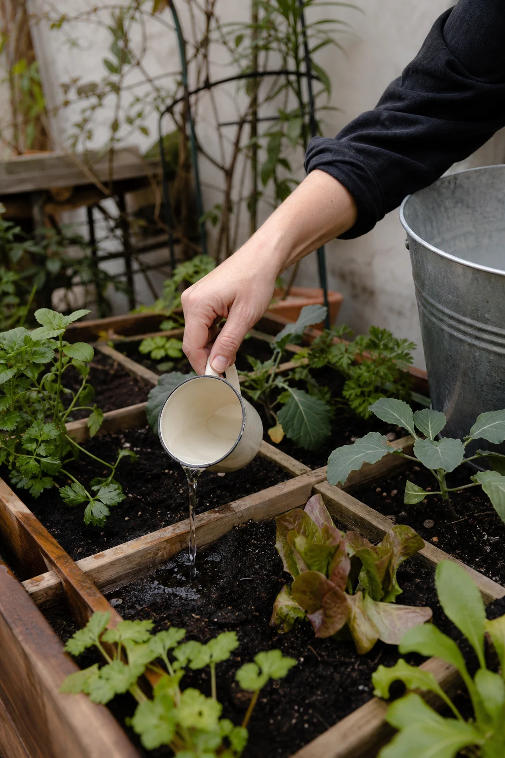 Hand gießt einzelne Pflanzen in einem Quadrat-Hochbeet mit einer kleinen Emaille-Tasse aus einem verzinkten Eimer, das Wasser geht direkt an den Wurzelfuß jeder Pflanze.