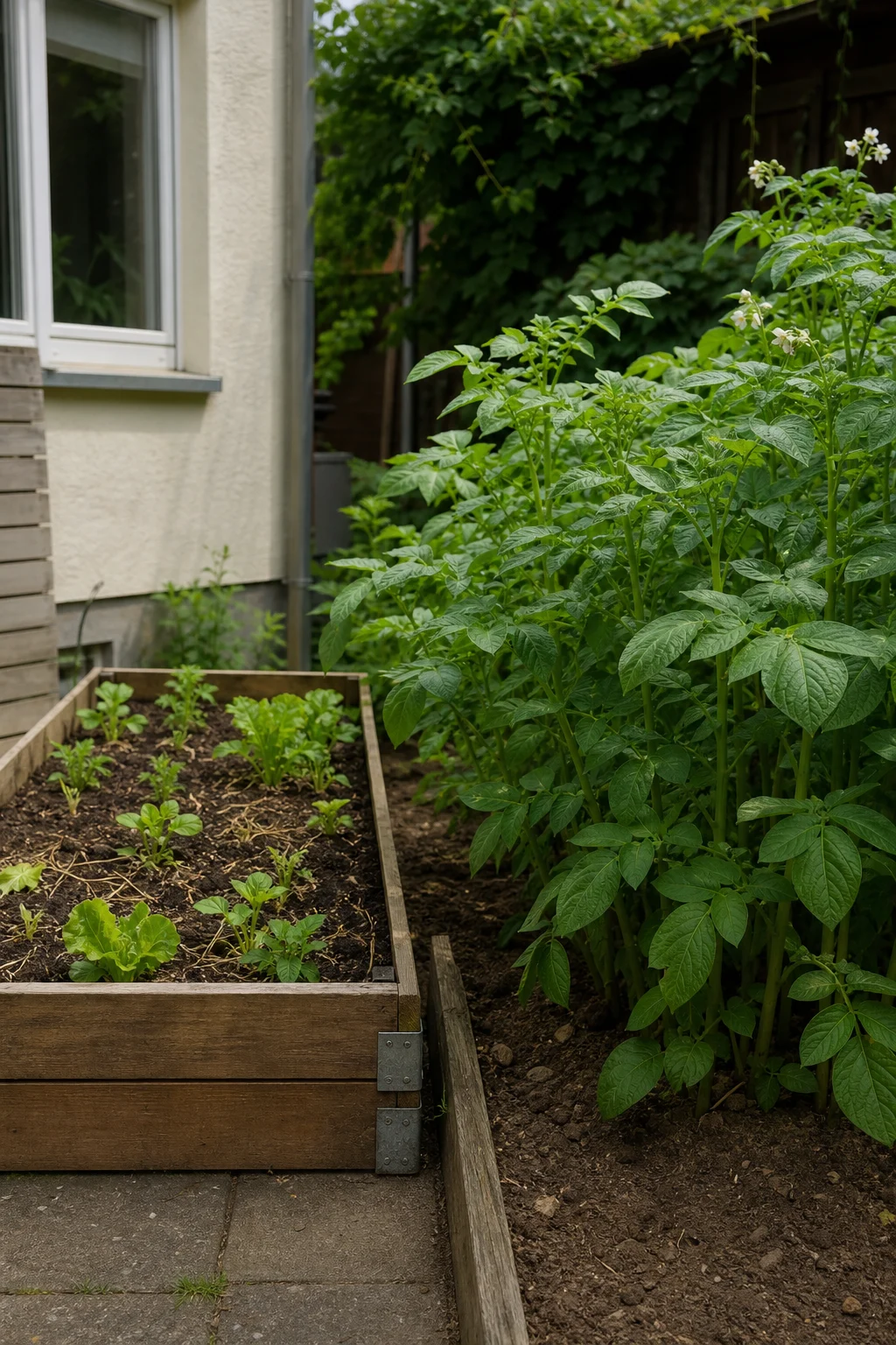 Geteiltes Foto — links ein kleines Quadrat-Hochbeet mit kompakten Pflanzen, rechts ein klassisches großes Kartoffelbeet mit hohen Pflanzen, als Sinnbild für die Stärken und Grenzen der Methode.
