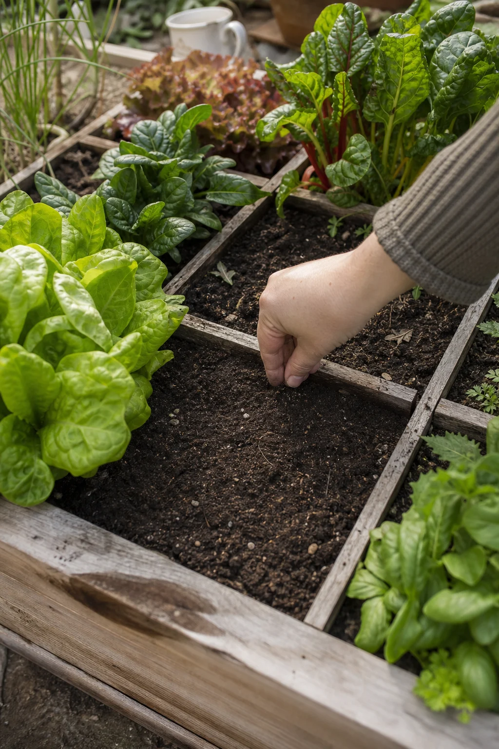 Hochbeet, eines der Quadrate ist gerade abgeerntet — kahler Boden mit Spuren entfernter Salate sichtbar, eine Hand sät neue Samen in das frisch geharkte Quadrat, während die umliegenden Quadrate voll mit wachsendem Gemüse stehen.
