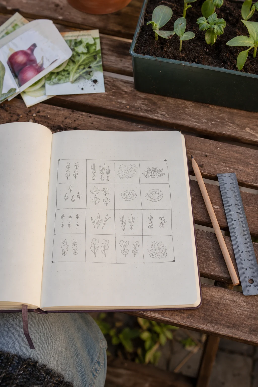 Aufgeschlagenes Notizbuch auf einer Holzbank im Garten mit handgezeichnetem Square-Foot-Plan im 4-mal-4-Raster, daneben Bleistift, Lineal, eine kleine Anzuchtschale und Saatgut-Tüten.