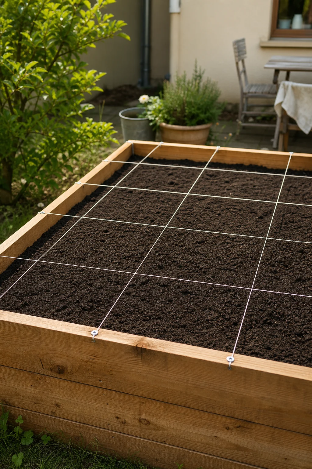 Hochbeet mit 1,2 Meter Seitenlänge, dünne weiße Schnüre sind in beide Richtungen zu einem perfekten 4-mal-4-Raster gespannt und mit kleinen Schrauben am Holzrahmen befestigt, die Erde darunter frisch geharkt.