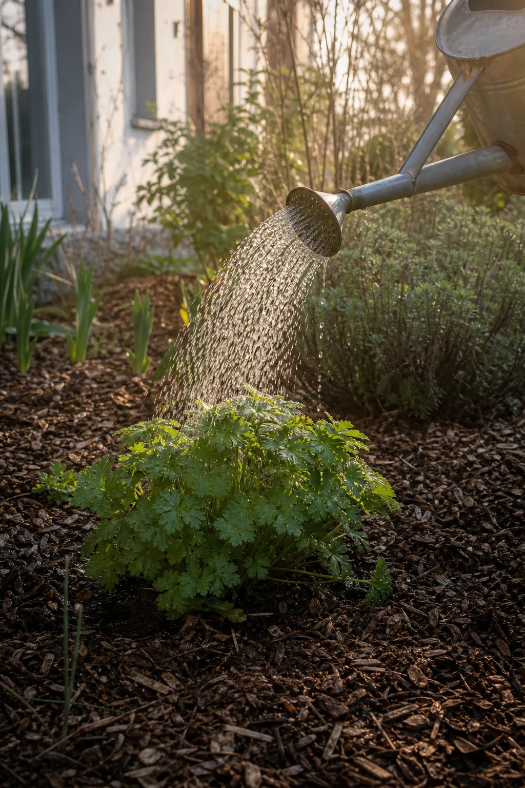 Gießkanne mit Brausenaufsatz wässert eine frisch gepflanzte Staude, Rindenmulch liegt um den Wurzelballen.