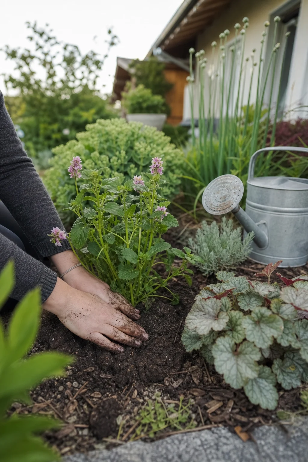Hände setzen eine frisch gekaufte Staude in ein vorbereitetes Beet mit Kompost und Mulch.