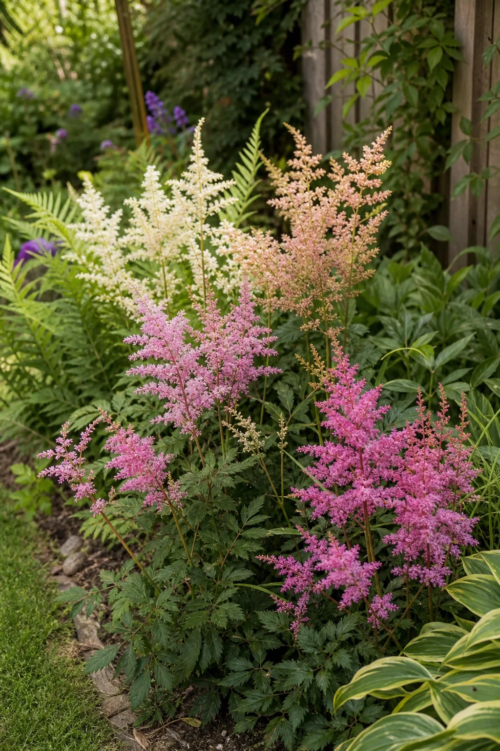 Astilben mit federartigen rosa und weißen Blütenrispen und filigranem Laub in einem halbschattigen Beet.