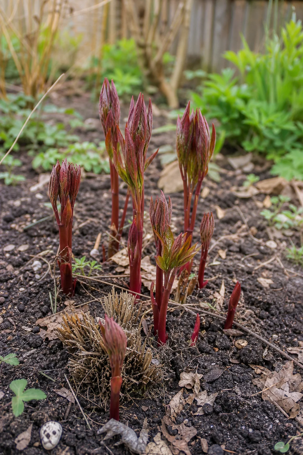 Rote Triebe und kleine Knospen einer Pfingstrose ragen im Frühling aus der dunklen Erde.