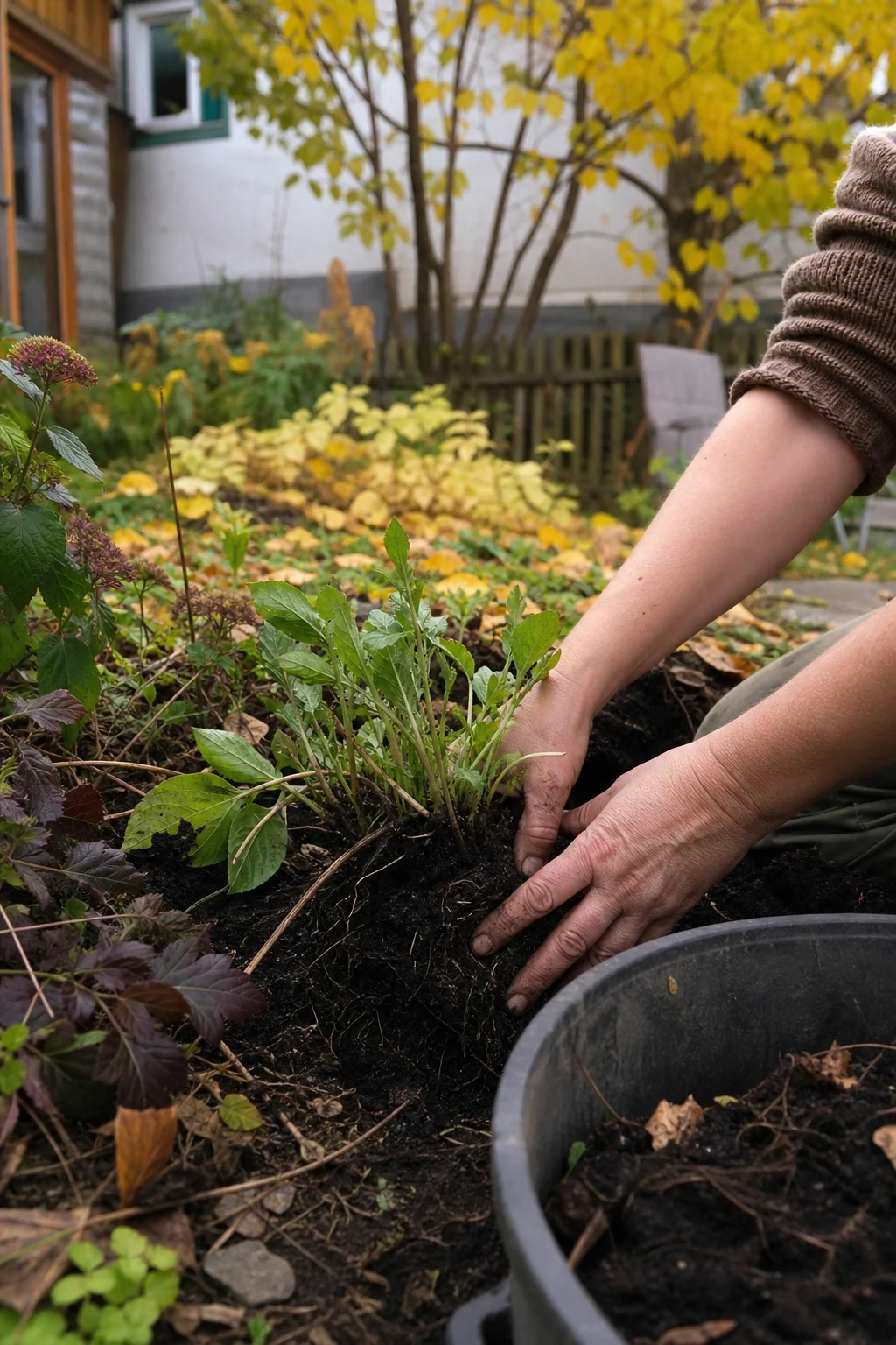 Hände um eine frisch geteilte Staude im Herbstgarten, daneben Kompost und Mulch, im Hintergrund gelbe Blätter.