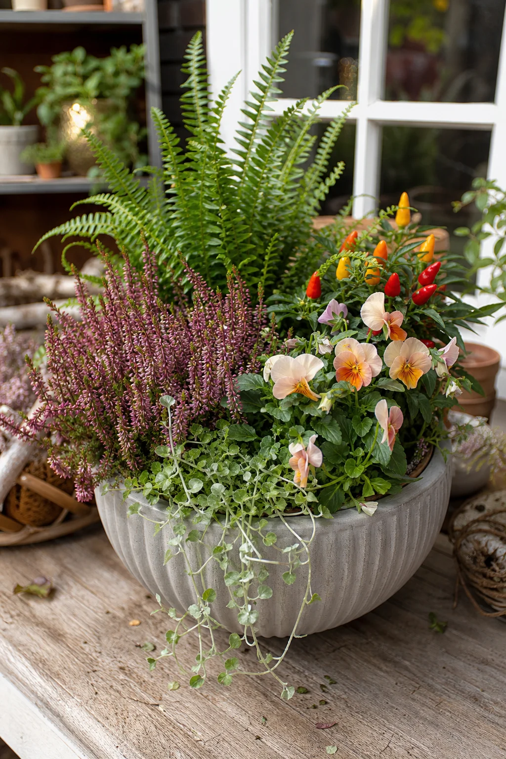 Gemischte Pflanzschale mit Sommerblumen, Farn, Heide und Zierpaprika auf einem Verkaufstisch.