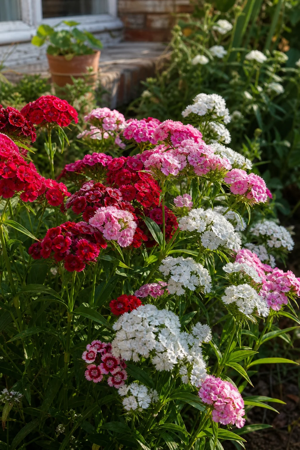 Bartnelken mit dichten Blütenständen in Rot, Rosa und Weiß auf aufrechten Stängeln im Frühsommer.