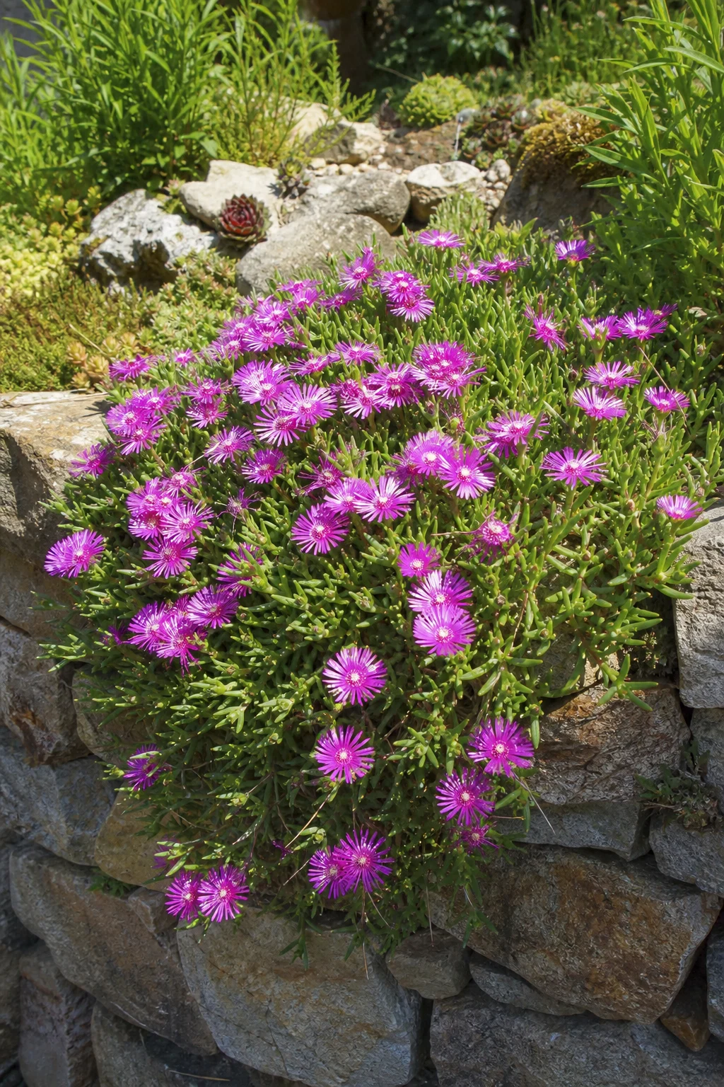 Mittagsblume mit pinken Blüten und sukkulenten Blättern, kriechend über eine sonnenexponierte Trockenmauer.