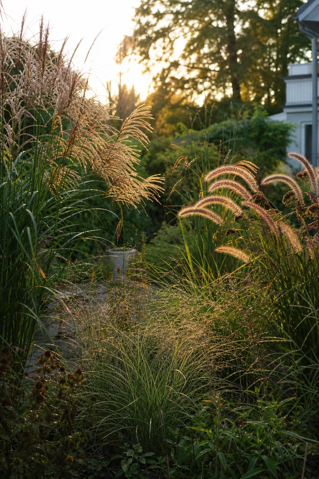 Verschiedene Ziergräser wie Miscanthus, Lampenputzergras und Federgras im Gegenlicht der späten Sonne.
