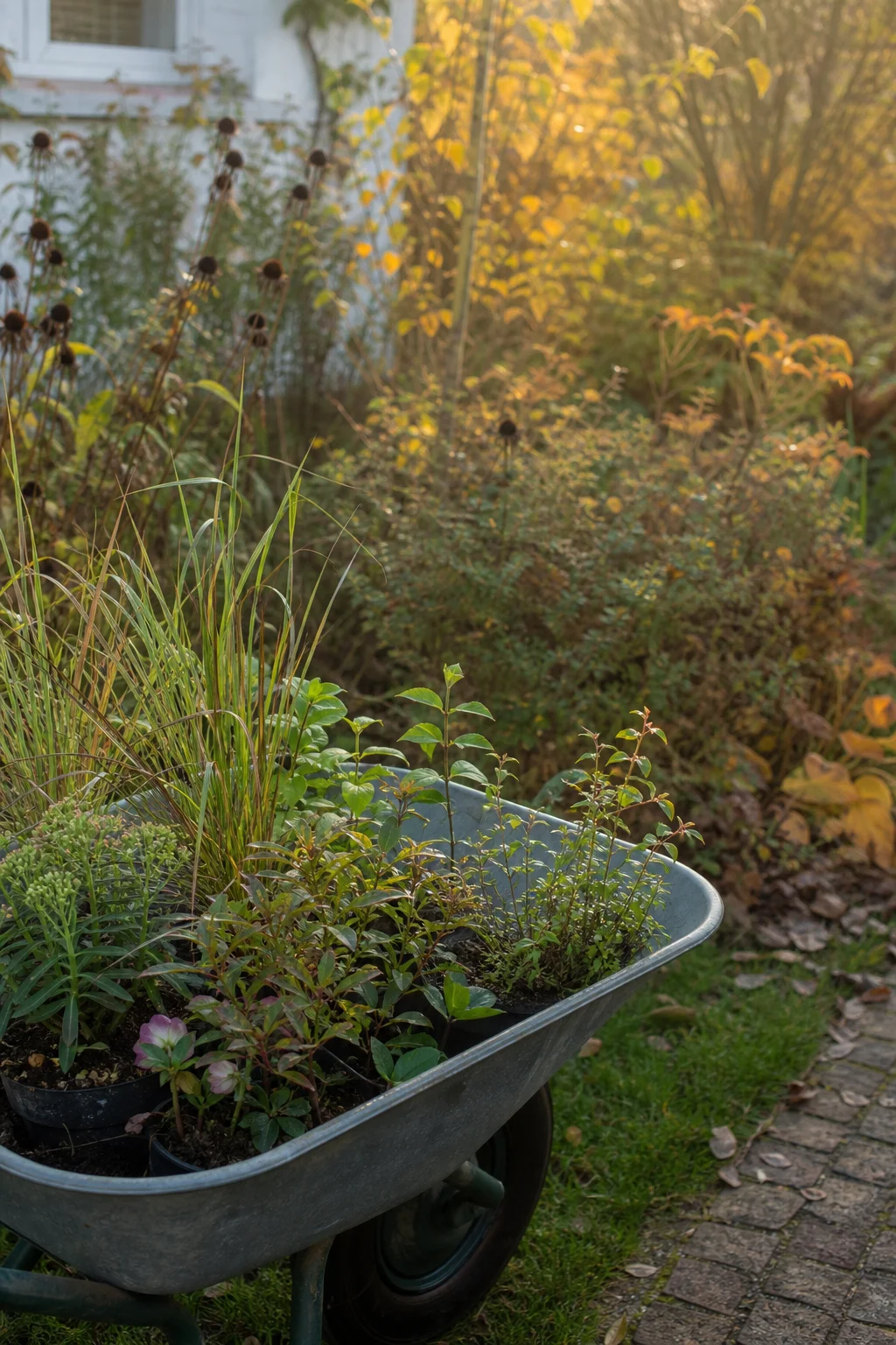 Schubkarre mit jungen Stauden im frischen Frühjahrsbeet, im Hintergrund das gleiche Beet in herbstlicher Färbung.