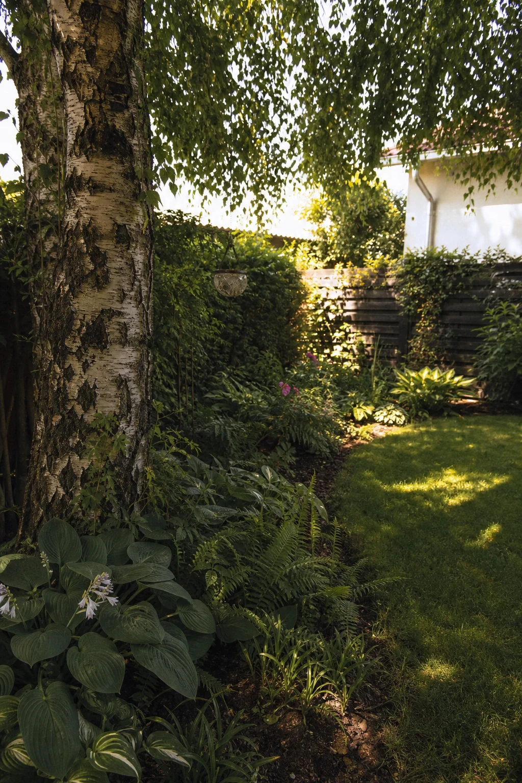 Gartenecke unter einer Birke mit gesprenkeltem Schatten, Funkien und Farnen am Boden, hellerer Bereich im Hintergrund.