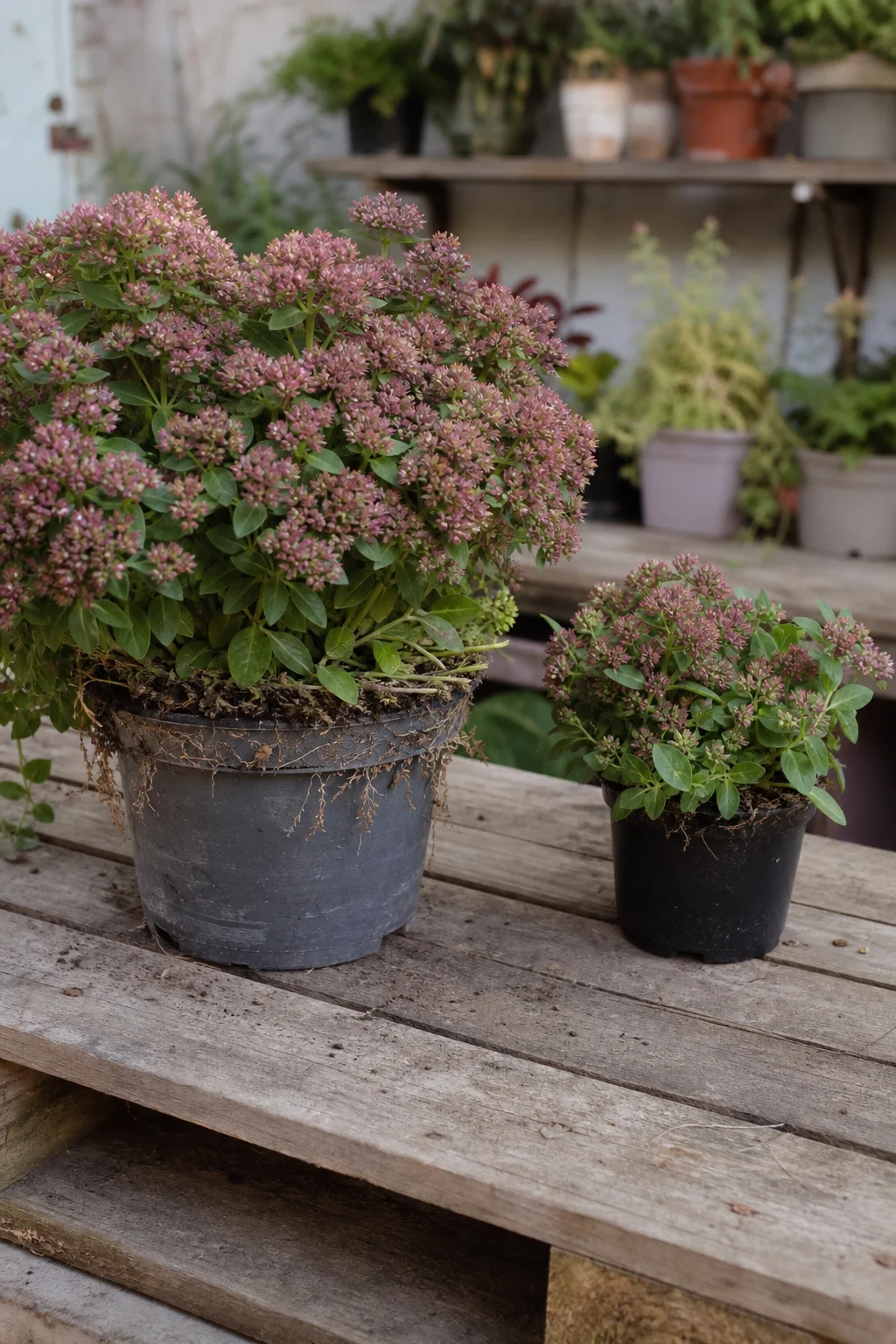 Zwei Stauden im Gartencenter nebeneinander: ein großer blühender Topf und eine kleinere Jungpflanze.