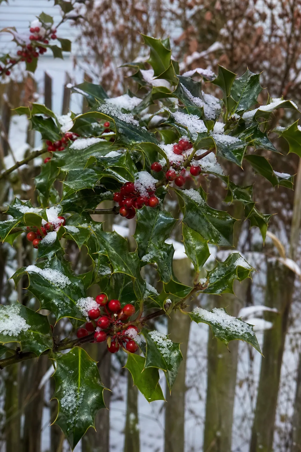 Stechpalmenzweig mit glänzenden, stacheligen Blättern und roten Beeren unter einer dünnen Schneeschicht