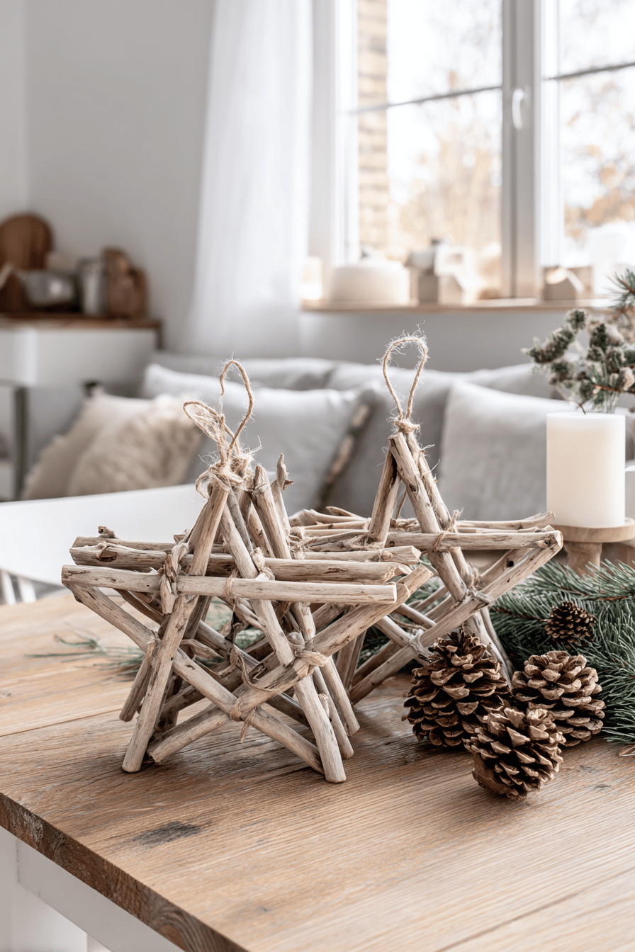 Dekorative Sterne aus Ästen auf einem Holztisch, umgeben von Tannenzweigen und Kiefernzapfen