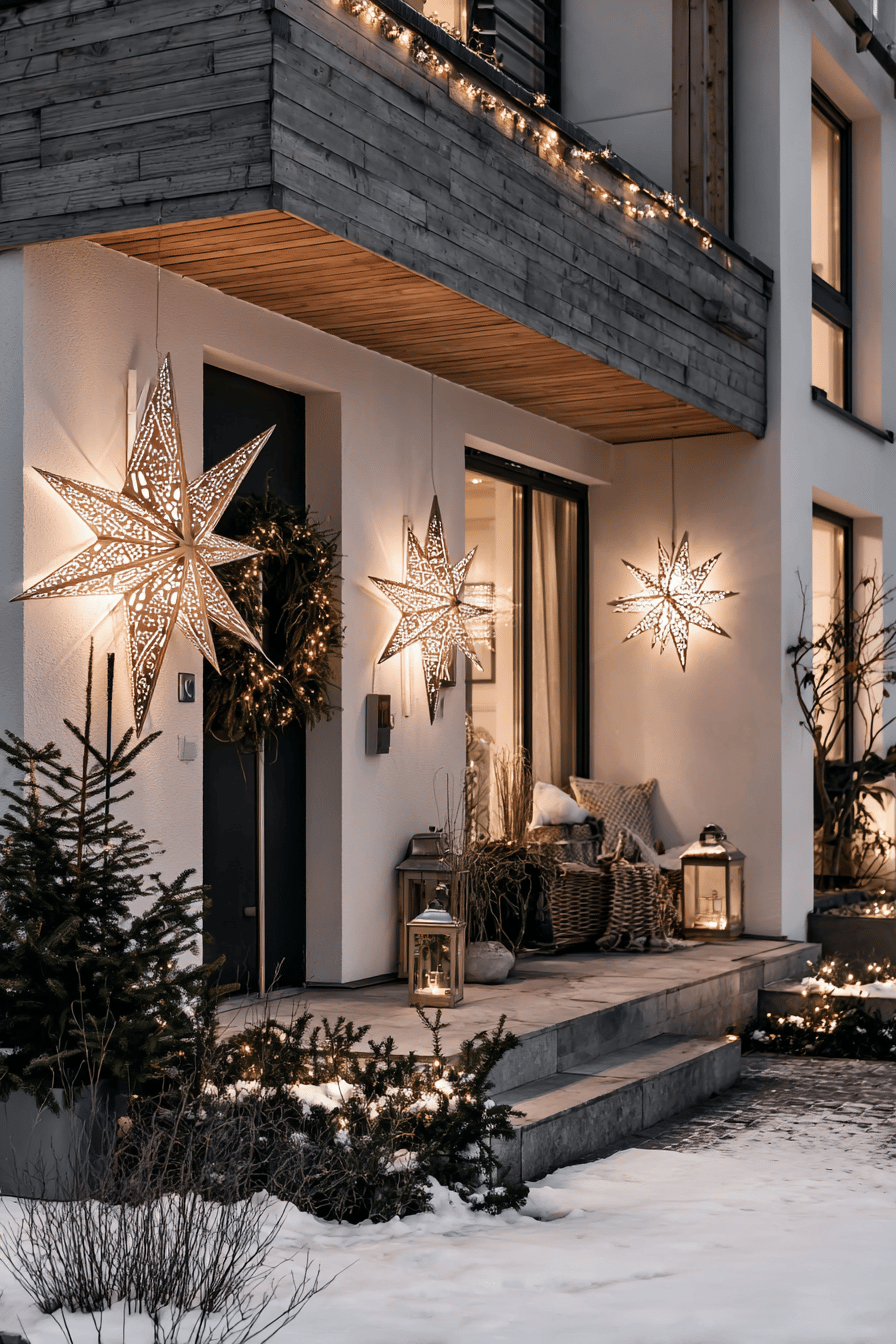 Beleuchtete Weihnachtssterne an der Hausfassade mit winterlicher Deko